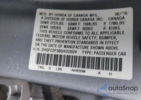 2016 Honda Civic Lx from USA, damaged, VIN 2HGFC2F58GH553924
